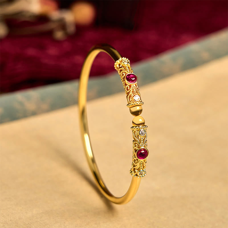 Golden Flower Pattern Red Zircon Amber Copper Luck Cuff Bracelet Bangle