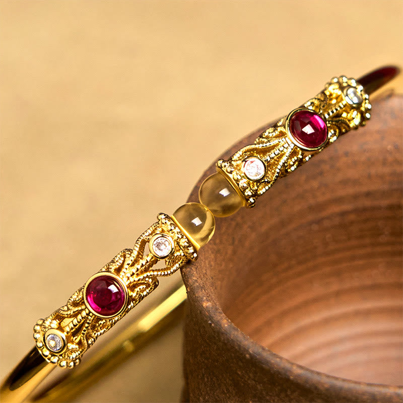 Golden Flower Pattern Red Zircon Amber Copper Luck Cuff Bracelet Bangle - Image 5