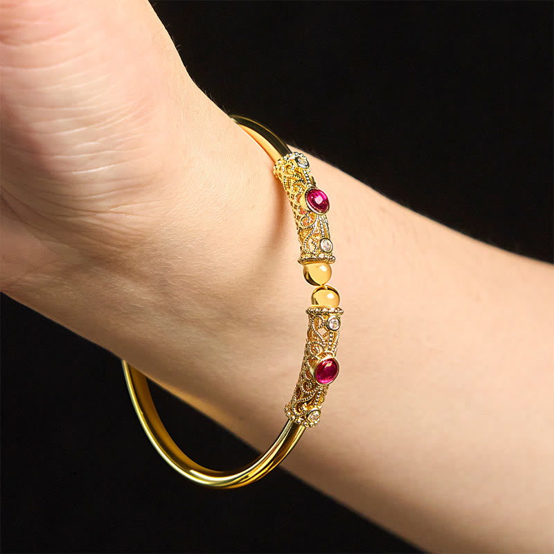 Golden Flower Pattern Red Zircon Amber Copper Luck Cuff Bracelet Bangle - Image 12