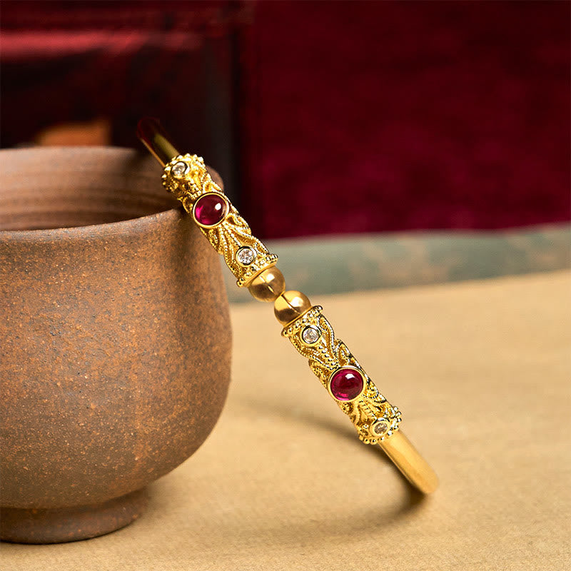 Golden Flower Pattern Red Zircon Amber Copper Luck Cuff Bracelet Bangle - Image 2