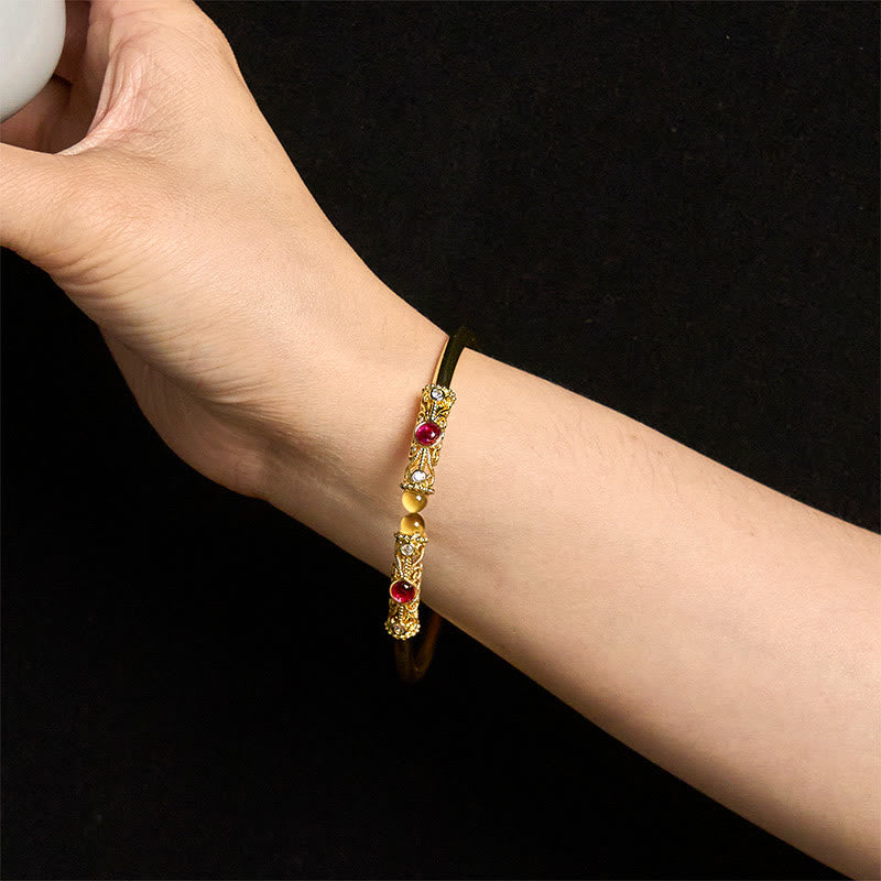 Golden Flower Pattern Red Zircon Amber Copper Luck Cuff Bracelet Bangle - Image 13