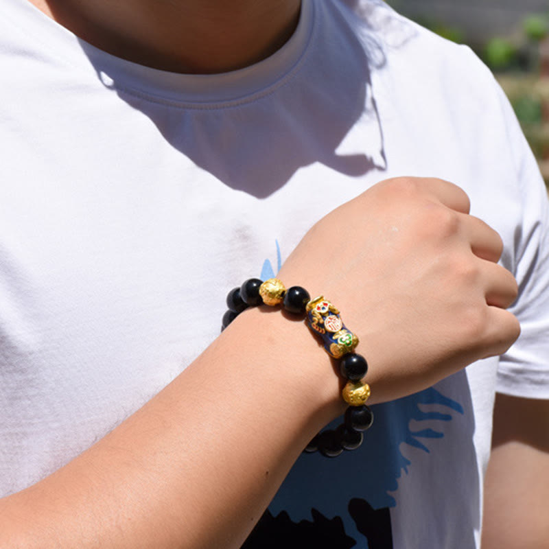 Fengshui Copper Pixiu Rainbow Obsidian Beads Wealth Bracelet - Image 3