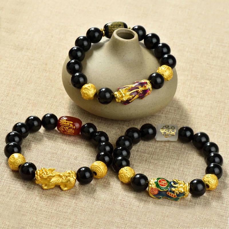 Fengshui Copper Pixiu Rainbow Obsidian Beads Wealth Bracelet - Image 29