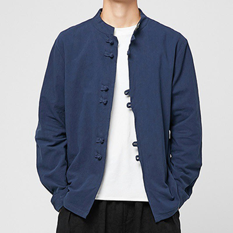 Men's Frog-Button Dragon Pattern Cuffs Cotton Long Sleeve Shirt