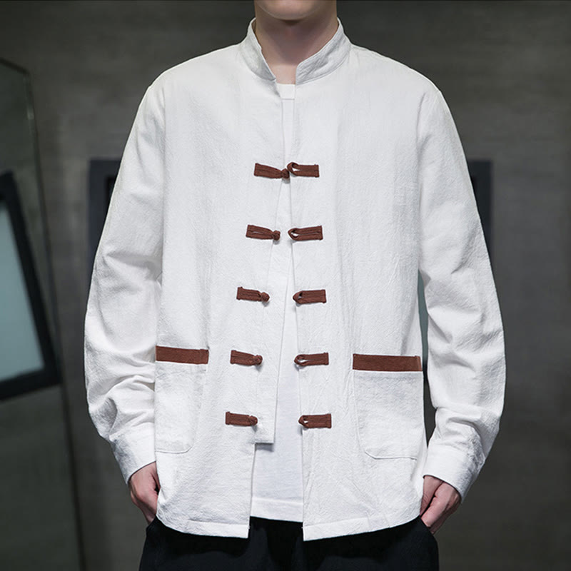 Men's Stand Collar Frog-button Cotton Linen Long Sleeve Shirt With Pockets