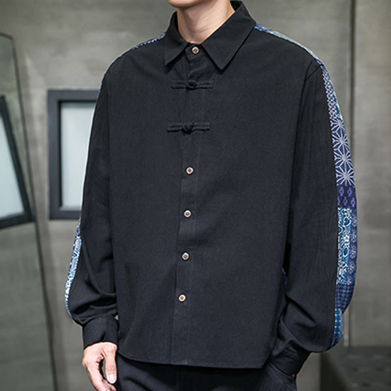 Men's Flower Pattern Stitching Cotton Blend Long Sleeve Shirt - Image 4