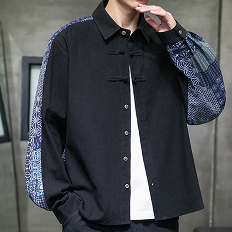 Men's Flower Pattern Stitching Cotton Blend Long Sleeve Shirt - Image 3