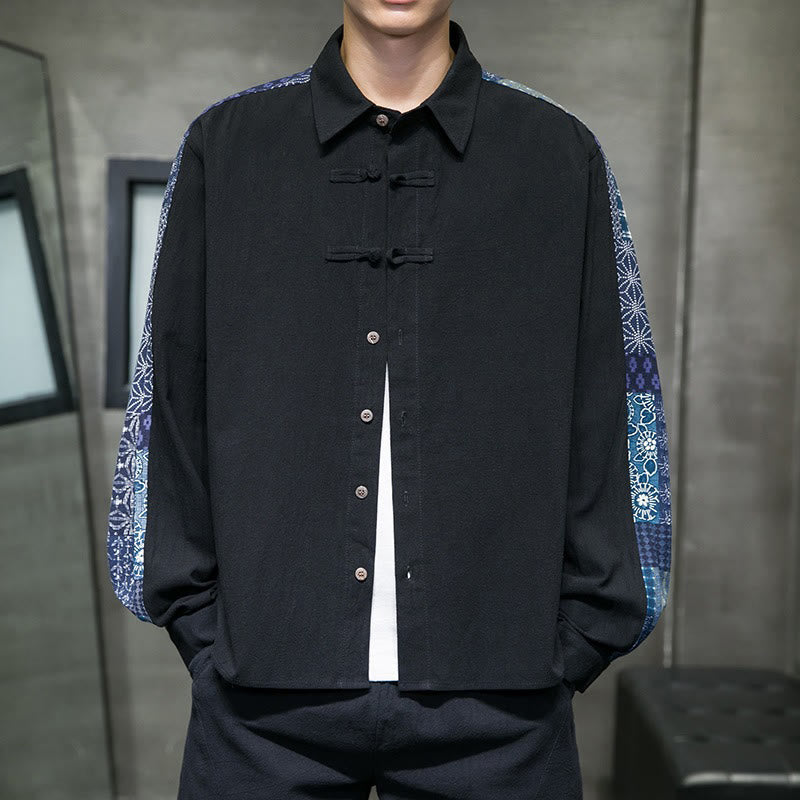 Men's Flower Pattern Stitching Cotton Blend Long Sleeve Shirt