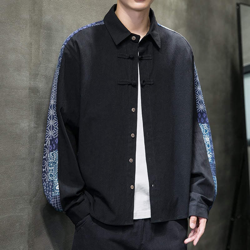 Men's Flower Pattern Stitching Cotton Blend Long Sleeve Shirt - Image 7