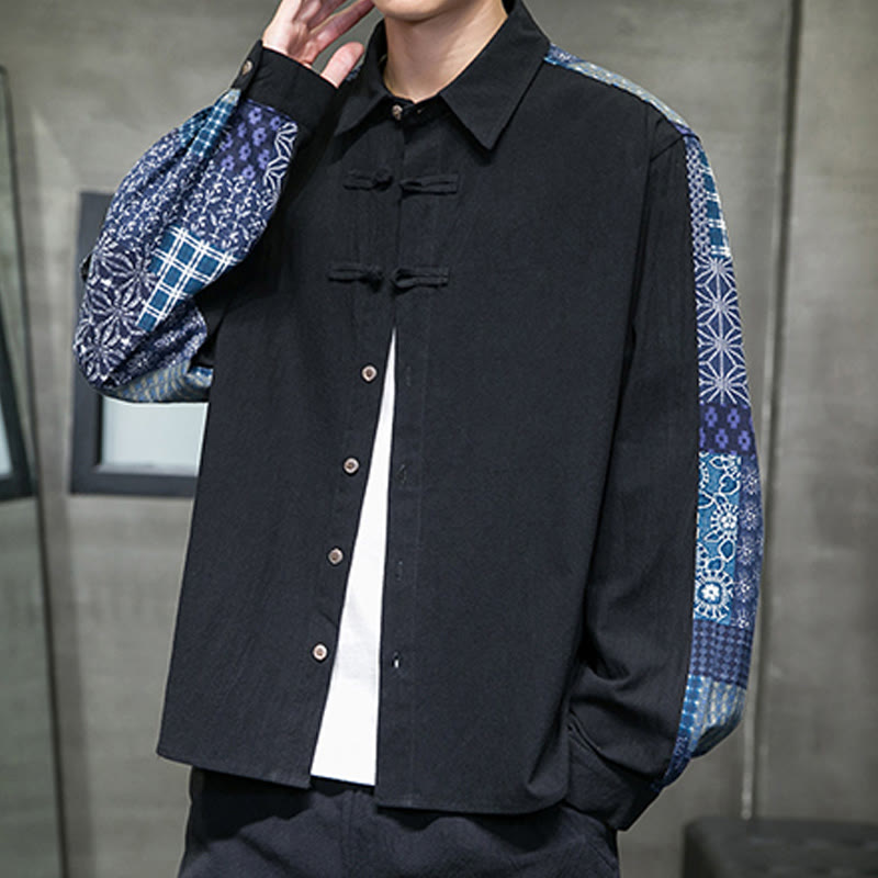 Men's Flower Pattern Stitching Cotton Blend Long Sleeve Shirt - Image 6