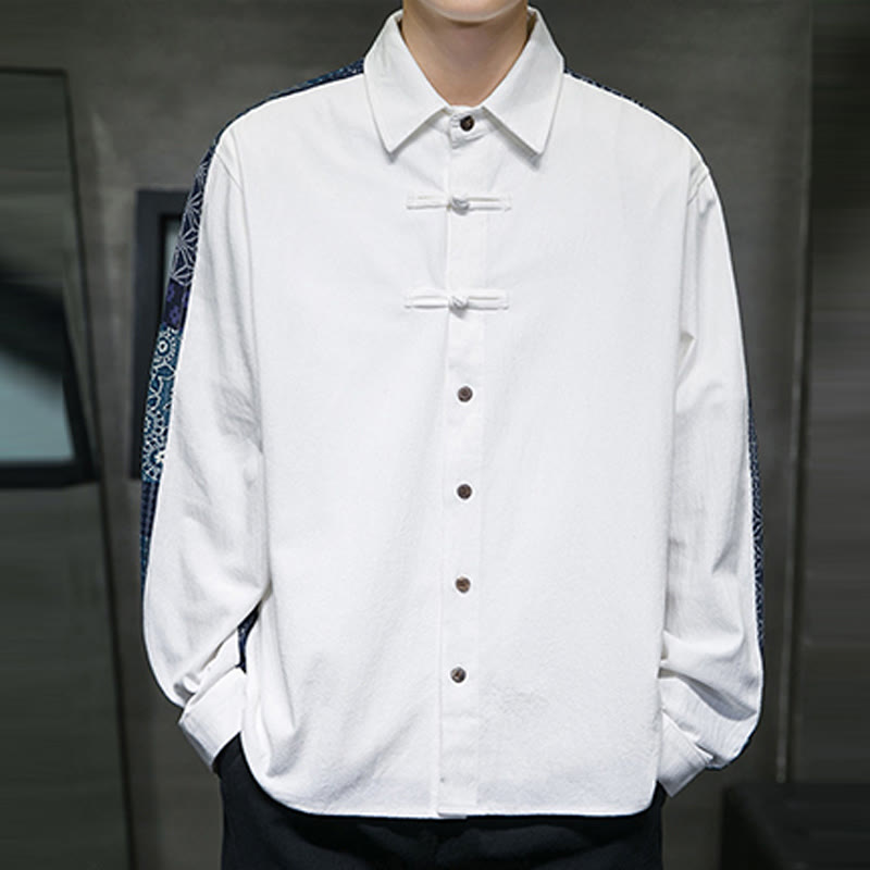 Men's Flower Pattern Stitching Cotton Blend Long Sleeve Shirt - Image 13