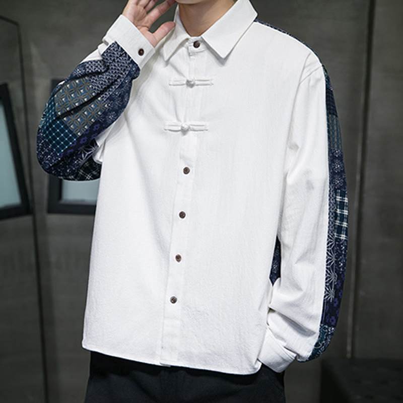 Men's Flower Pattern Stitching Cotton Blend Long Sleeve Shirt - Image 16