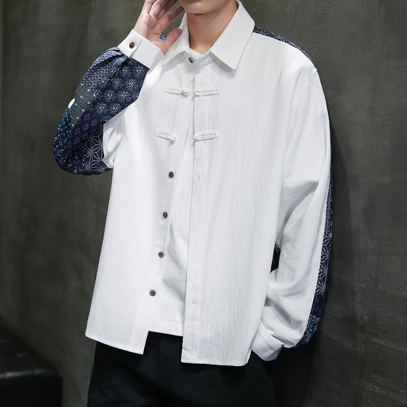 Men's Flower Pattern Stitching Cotton Blend Long Sleeve Shirt - Image 10
