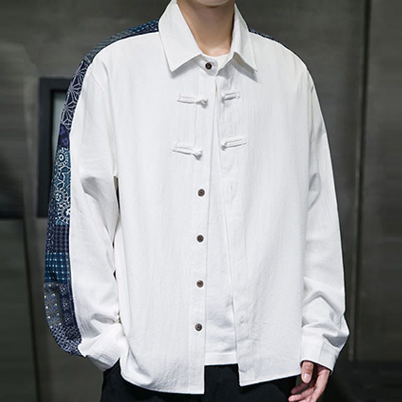 Men's Flower Pattern Stitching Cotton Blend Long Sleeve Shirt - Image 14