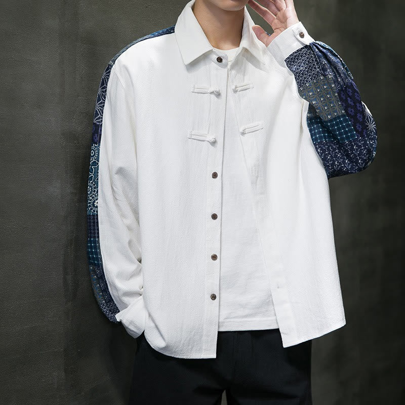 Men's Flower Pattern Stitching Cotton Blend Long Sleeve Shirt - Image 15