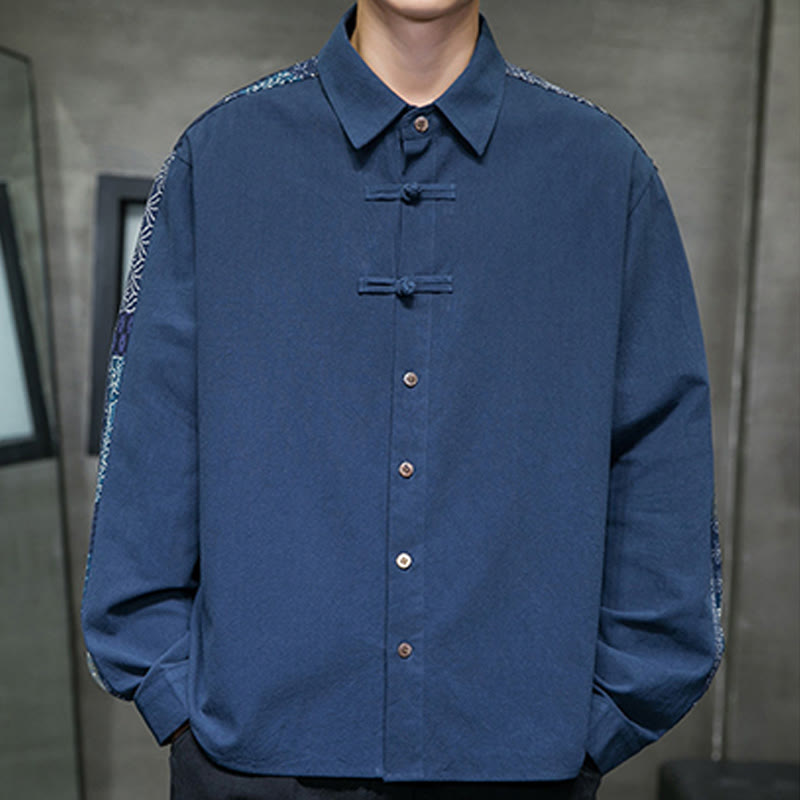 Men's Flower Pattern Stitching Cotton Blend Long Sleeve Shirt - Image 18