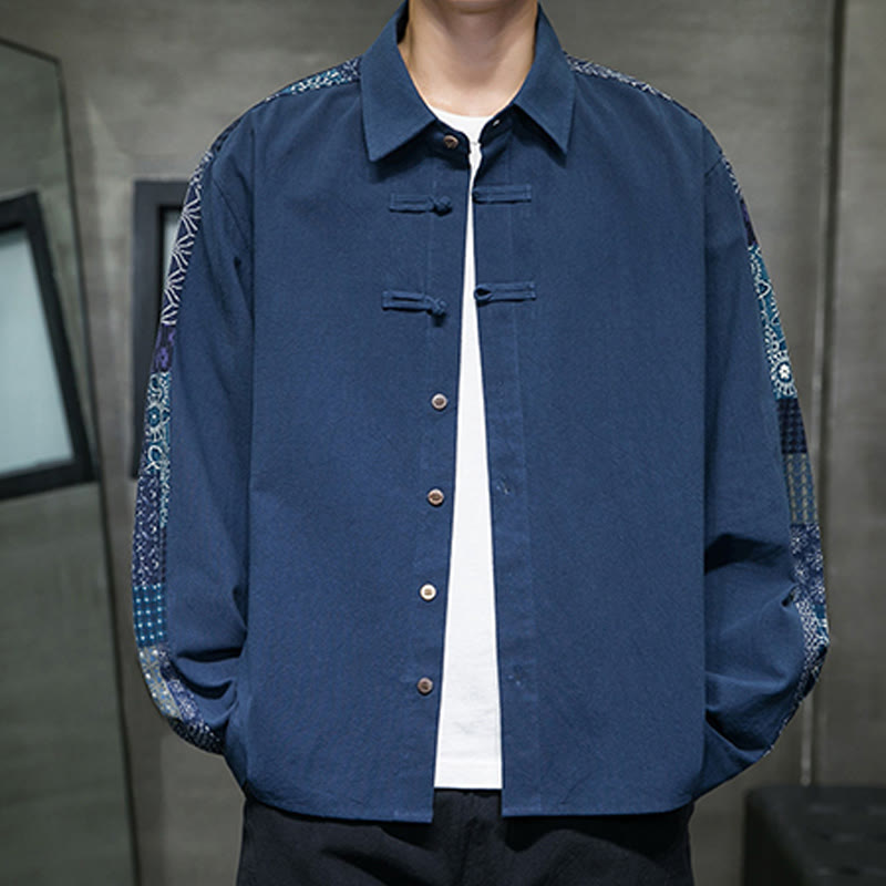 Men's Flower Pattern Stitching Cotton Blend Long Sleeve Shirt - Image 17