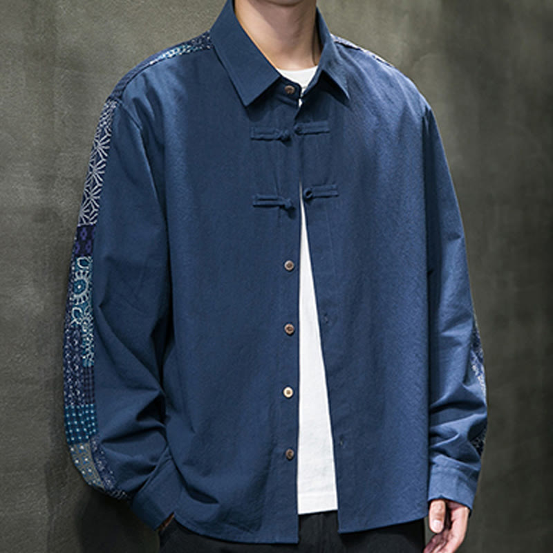 Men's Flower Pattern Stitching Cotton Blend Long Sleeve Shirt - Image 20