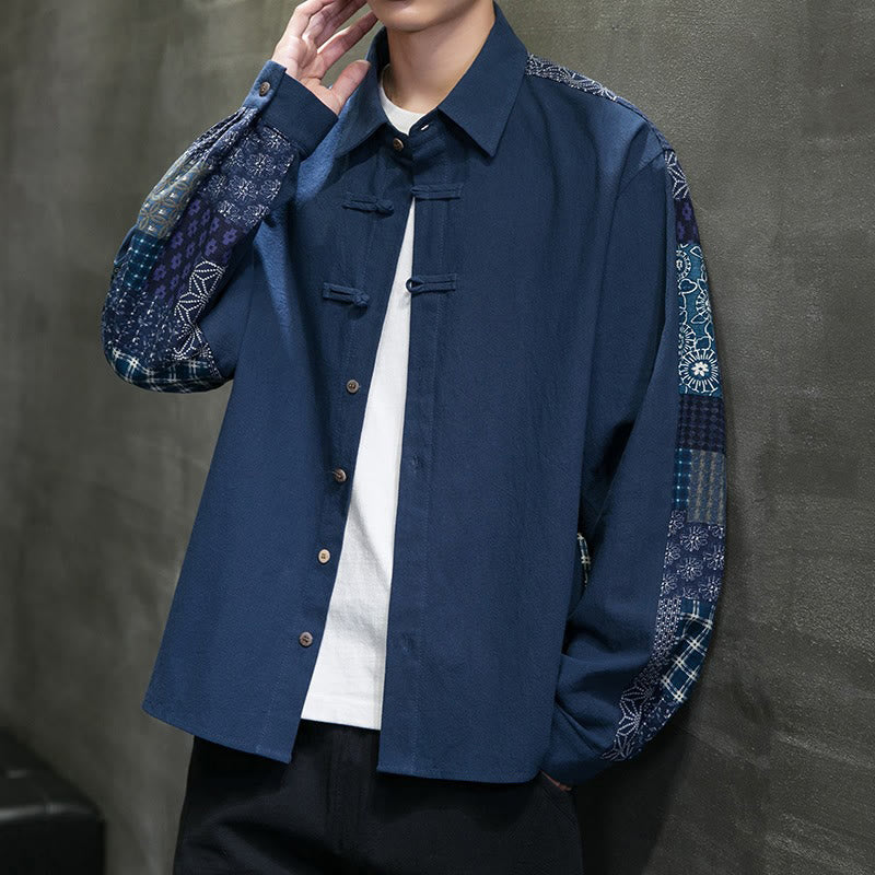 Men's Flower Pattern Stitching Cotton Blend Long Sleeve Shirt - Image 21