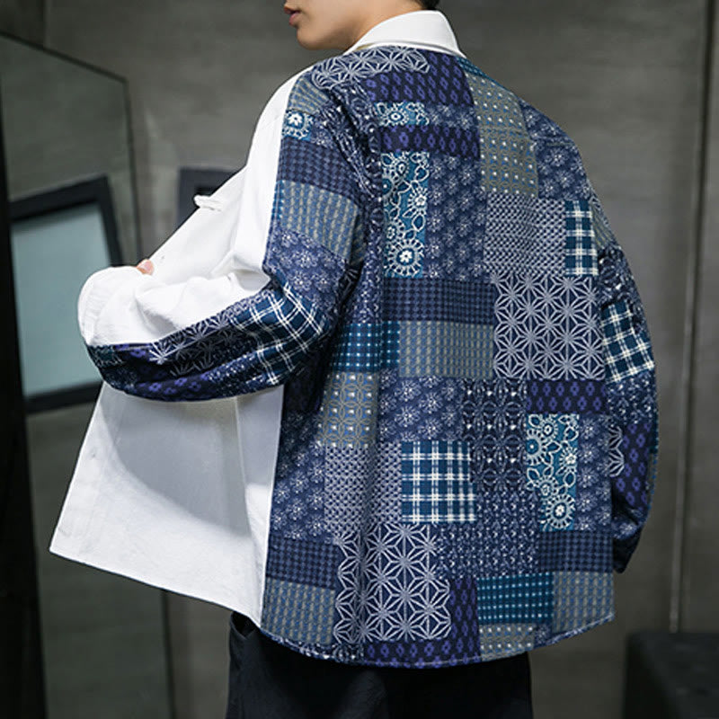 Men's Flower Pattern Stitching Cotton Blend Long Sleeve Shirt - Image 11