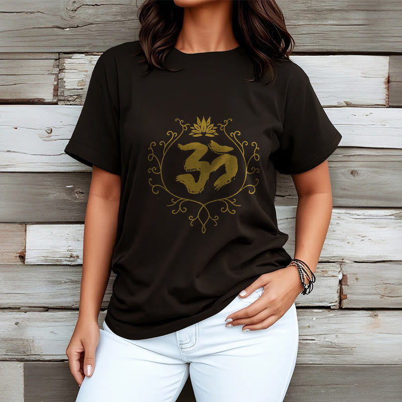 Om Lotus Flower Vine Pattern Meditation Cotton Tee T-shirt - Image 4