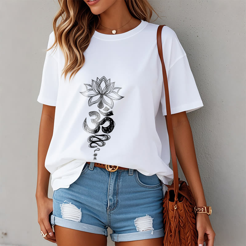 Om Sanskrit Lotus Flower Pattern Meditation Cotton Tee T-shirt - Image 9