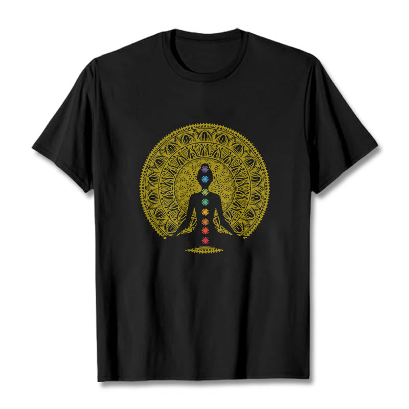 Casual Colorful Chakra Symbols Golden Meditative Figure Pattern Cotton Tee T-shirt