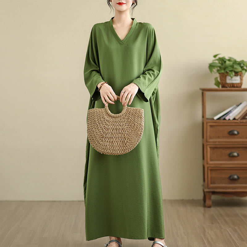 Retro Casual Solid Color Long Sleeve Cotton Linen Maxi Dress With Pockets