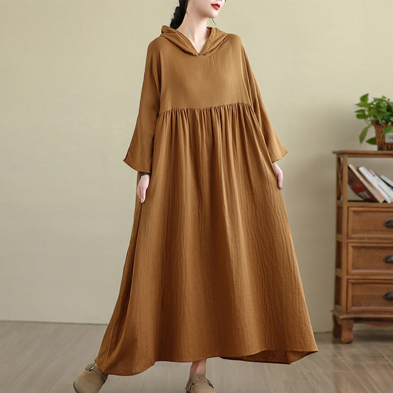 Fall Hoodie Design Long Sleeve Cotton Linen Midi Dress With Pockets