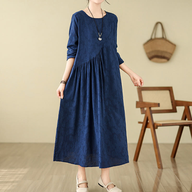 Plain Jacquard Flower Irregular Long Sleeve Cotton Linen Midi Dress With Pockets