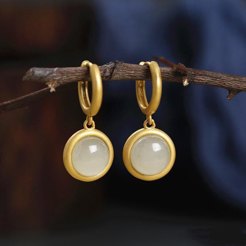 925 Sterling Silver White Jade Agate Prosperity Earrings