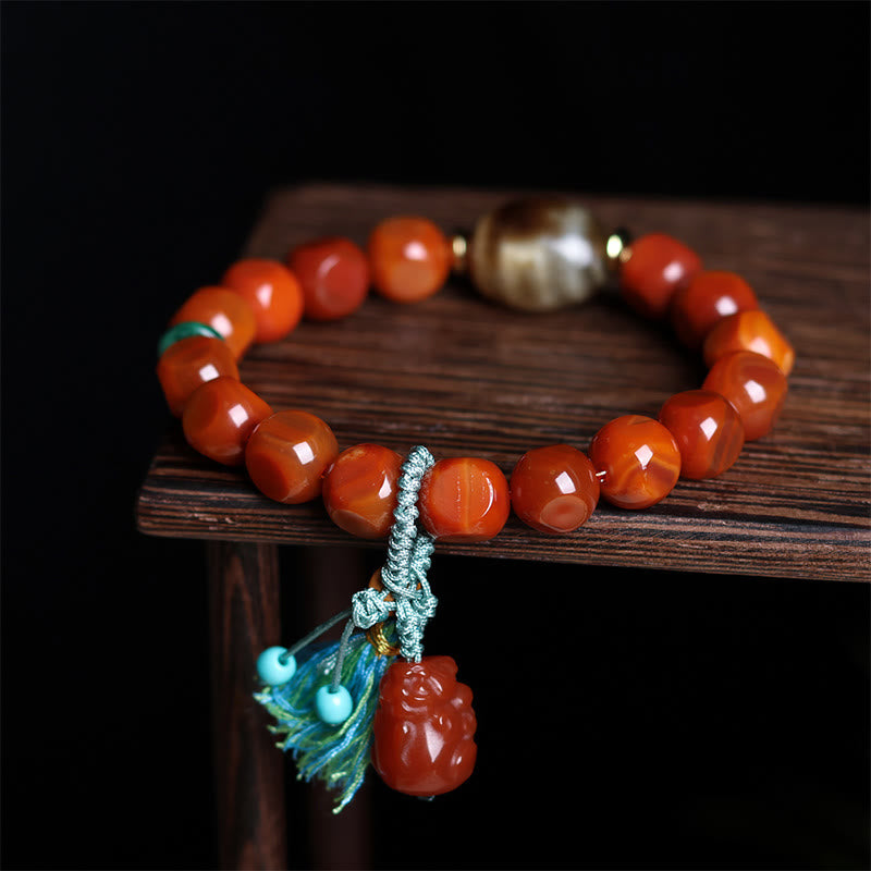 Natural South Red Agate Pixiu Dzi Bead Fortune Luck Bracelet