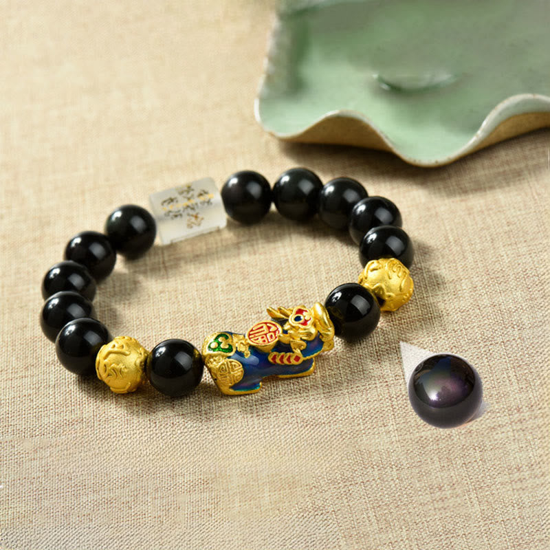 Fengshui Copper Pixiu Rainbow Obsidian Beads Wealth Bracelet