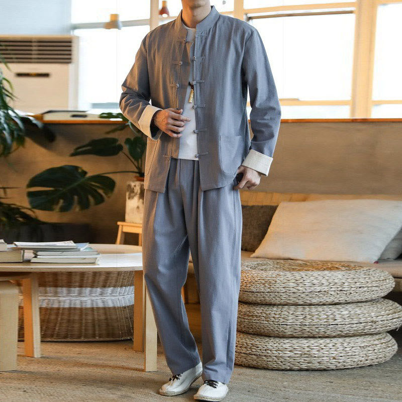 2Pcs Zen Tang Suit Men's Frog-Button Long Sleeve Shirt Pants Set With Pockets