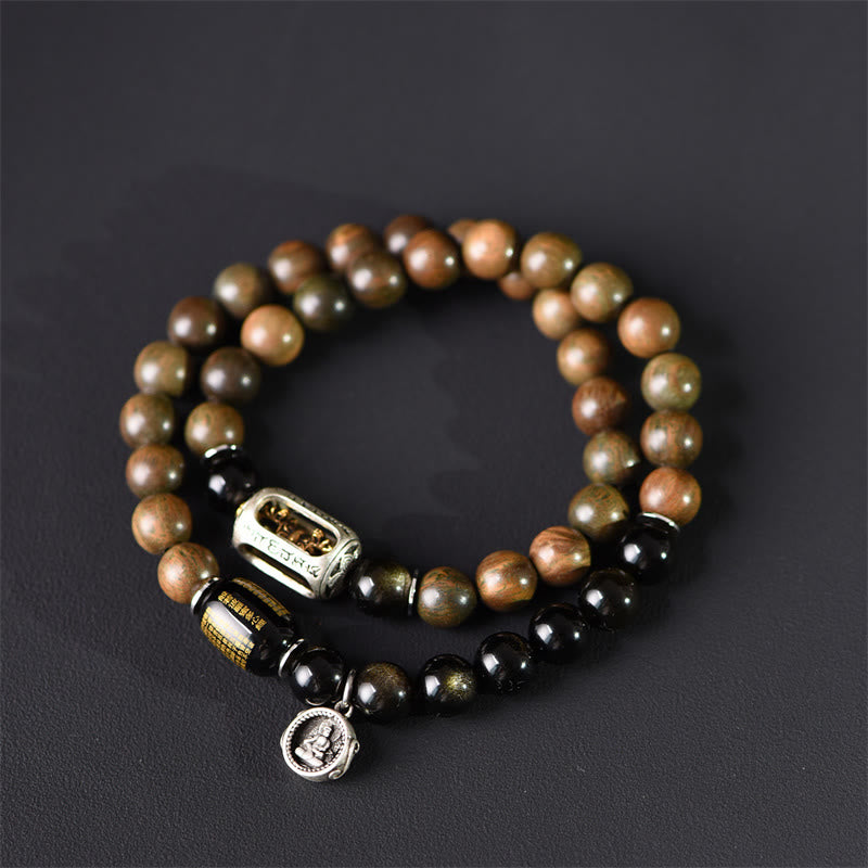 Tibetan Green Sandalwood Gold Sheen Obsidian Balance Peace Double Wrap Bracelet