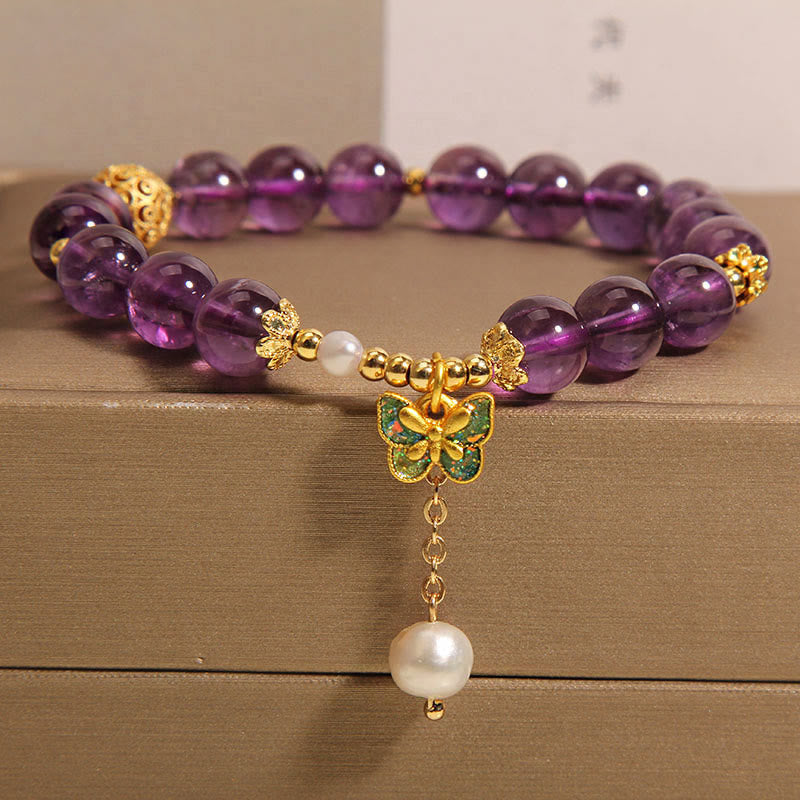 Natural Amethyst Amber Green Butterfly Healing Bracelet