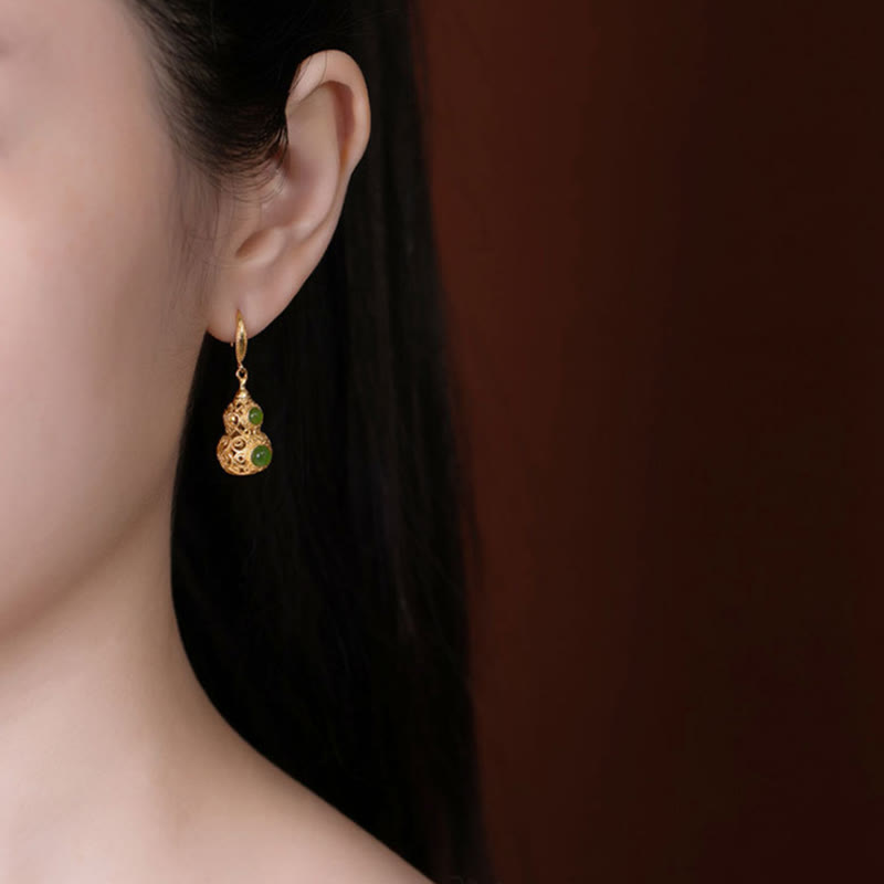 Copper Hollow Gourd Jade Prosperity Earrings - Image 5