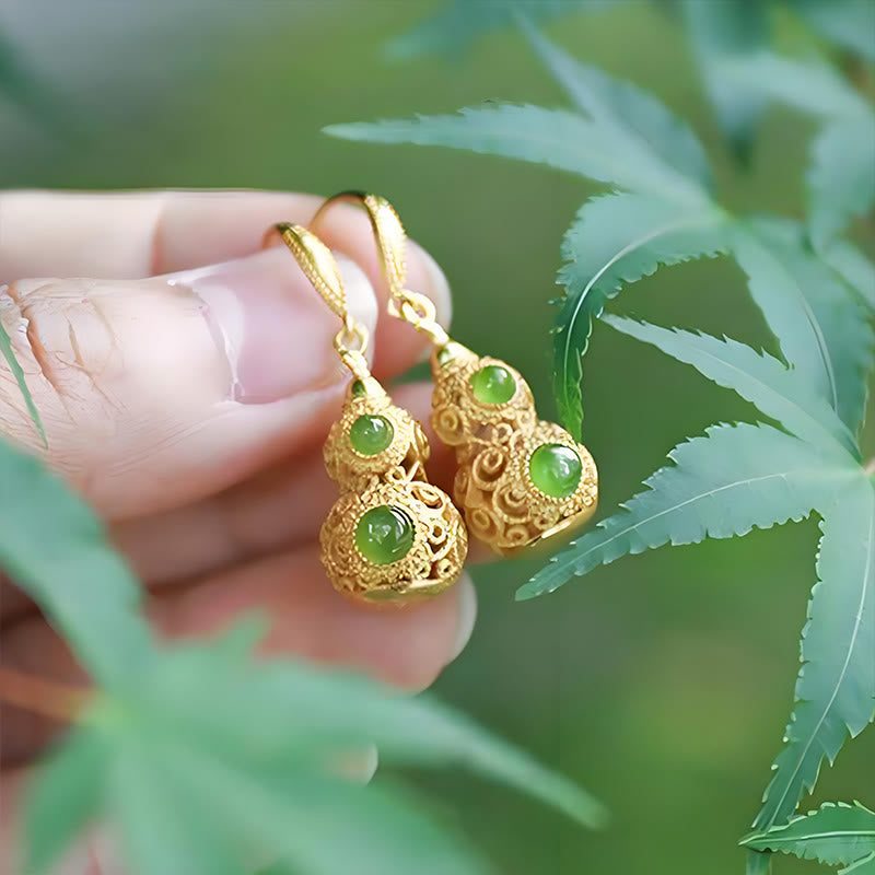 Copper Hollow Gourd Jade Prosperity Earrings - Image 11