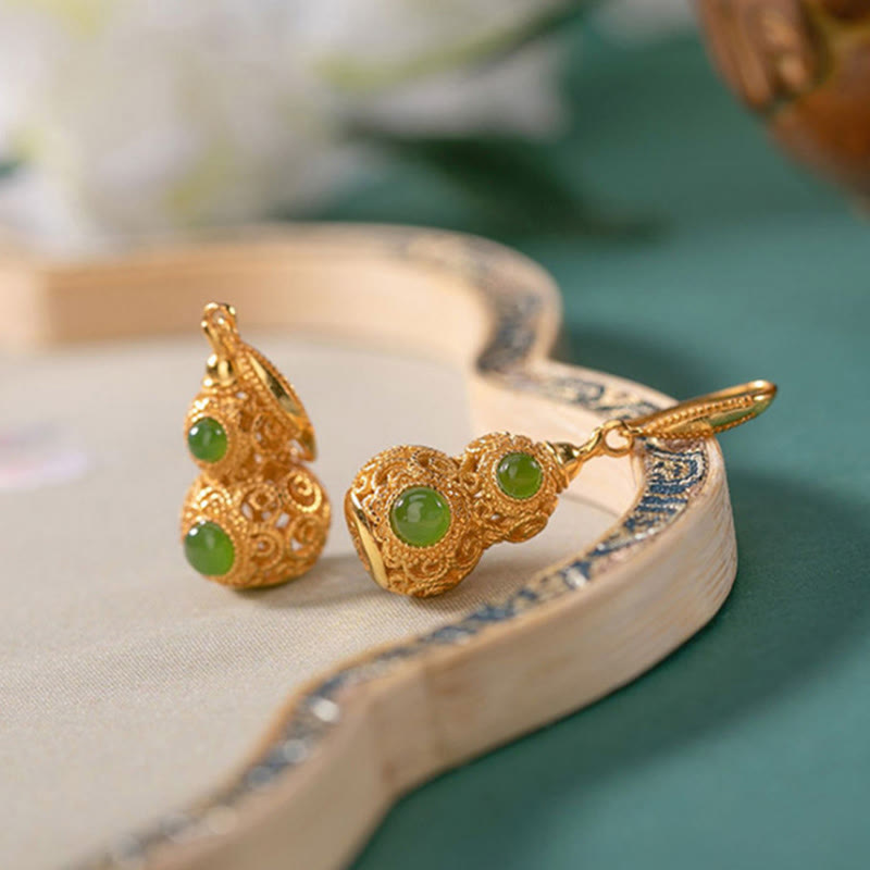Copper Hollow Gourd Jade Prosperity Earrings - Image 3