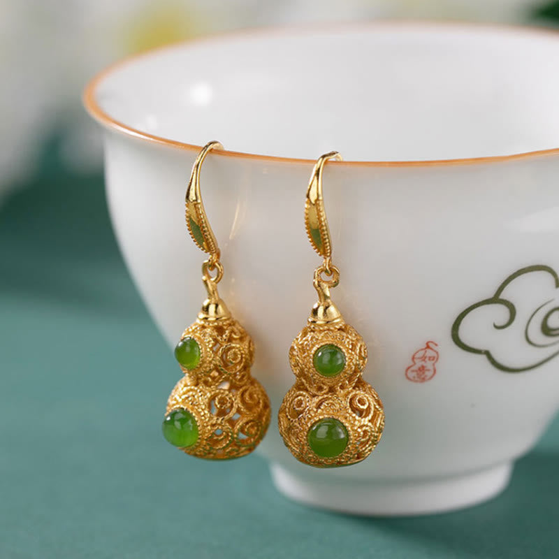 Copper Hollow Gourd Jade Prosperity Earrings