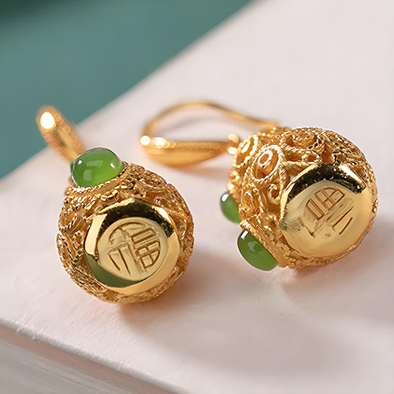 Copper Hollow Gourd Jade Prosperity Earrings - Image 4