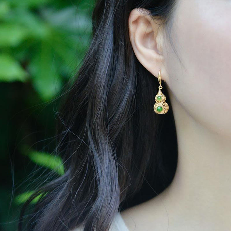 Copper Hollow Gourd Jade Prosperity Earrings - Image 10