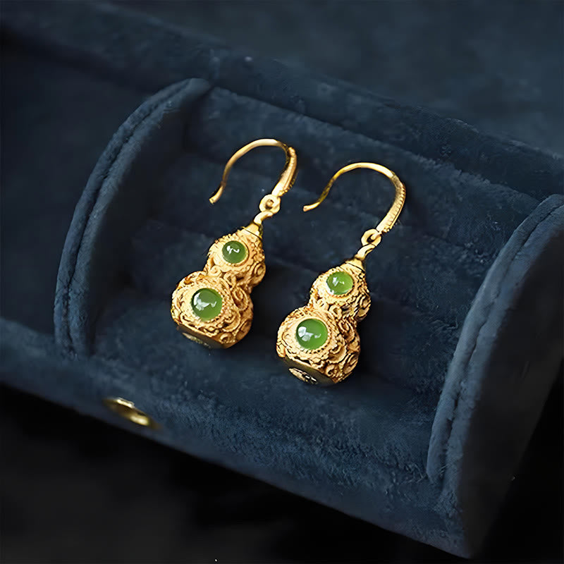 Copper Hollow Gourd Jade Prosperity Earrings - Image 9