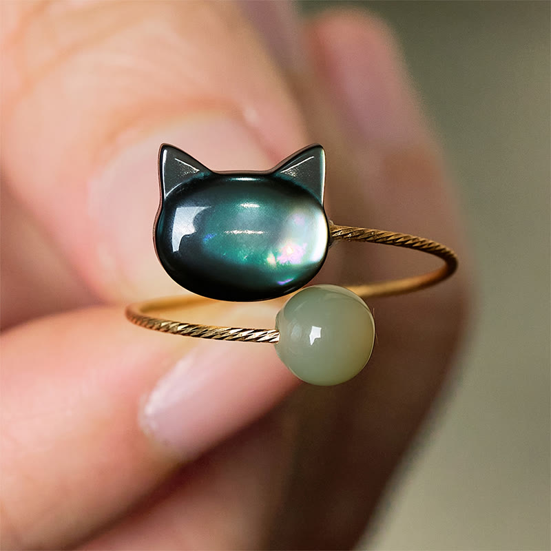 Black Tridacna Stone Cat Jade Blessing Adjustable Ring