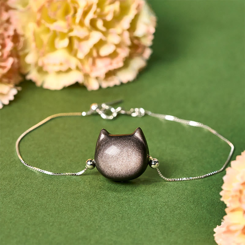 925 Sterling Silver Silver Sheen Obsidian Gold Sheen Obsidian Cat Soothing Bracelet