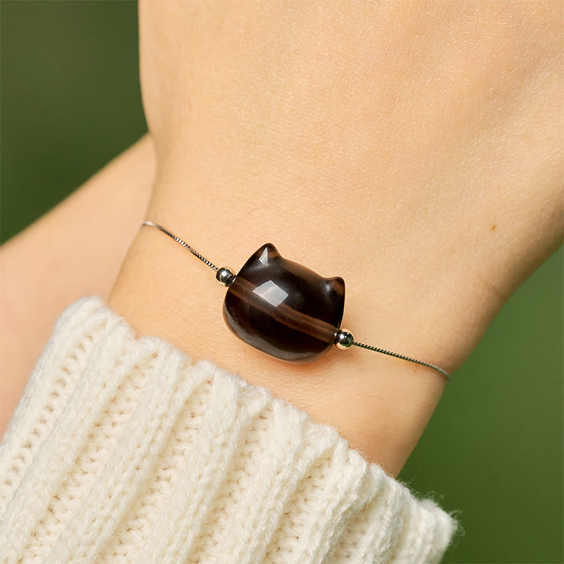925 Sterling Silver Cat Natural Ice Obsidian Positive Bracelet - Image 5