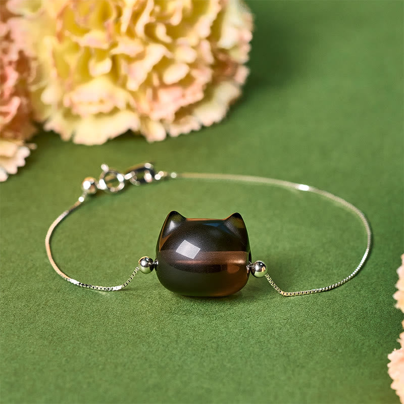 925 Sterling Silver Cat Natural Ice Obsidian Positive Bracelet