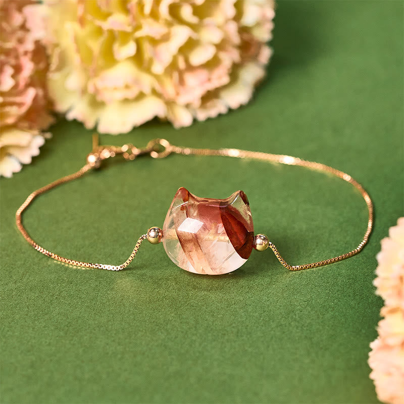 925 Sterling Silver Faceless Cat Head Natural Red Flower Quartz Passion Bracelet