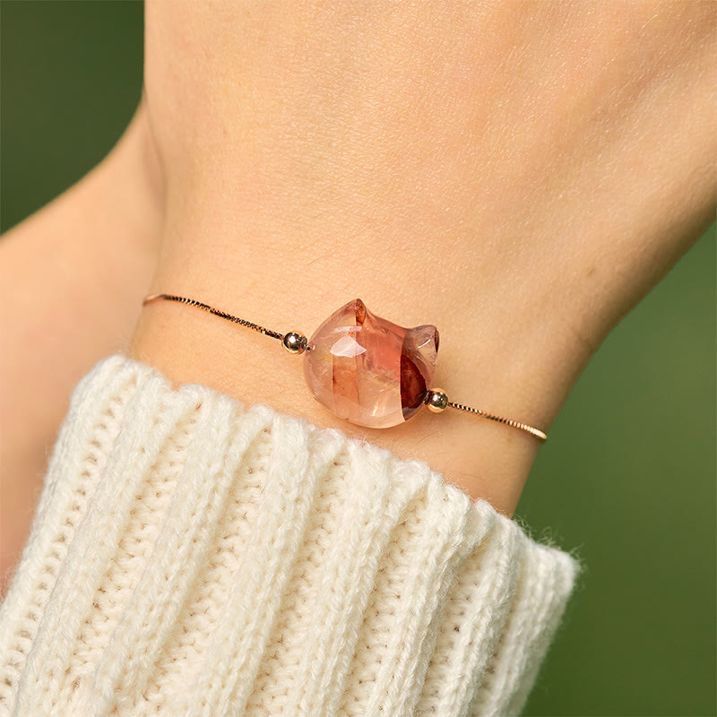 925 Sterling Silver Faceless Cat Head Natural Red Flower Quartz Passion Bracelet - Image 5