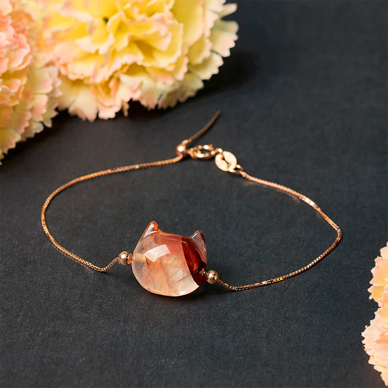 925 Sterling Silver Faceless Cat Head Natural Red Flower Quartz Passion Bracelet - Image 3